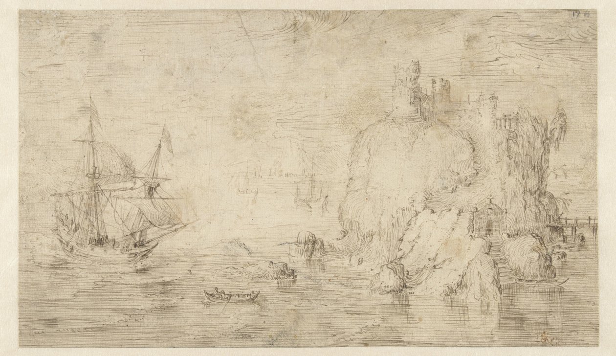 Sjølandskap med et skip nær en øy av Cornelis Claesz van Wieringen (attributed to)