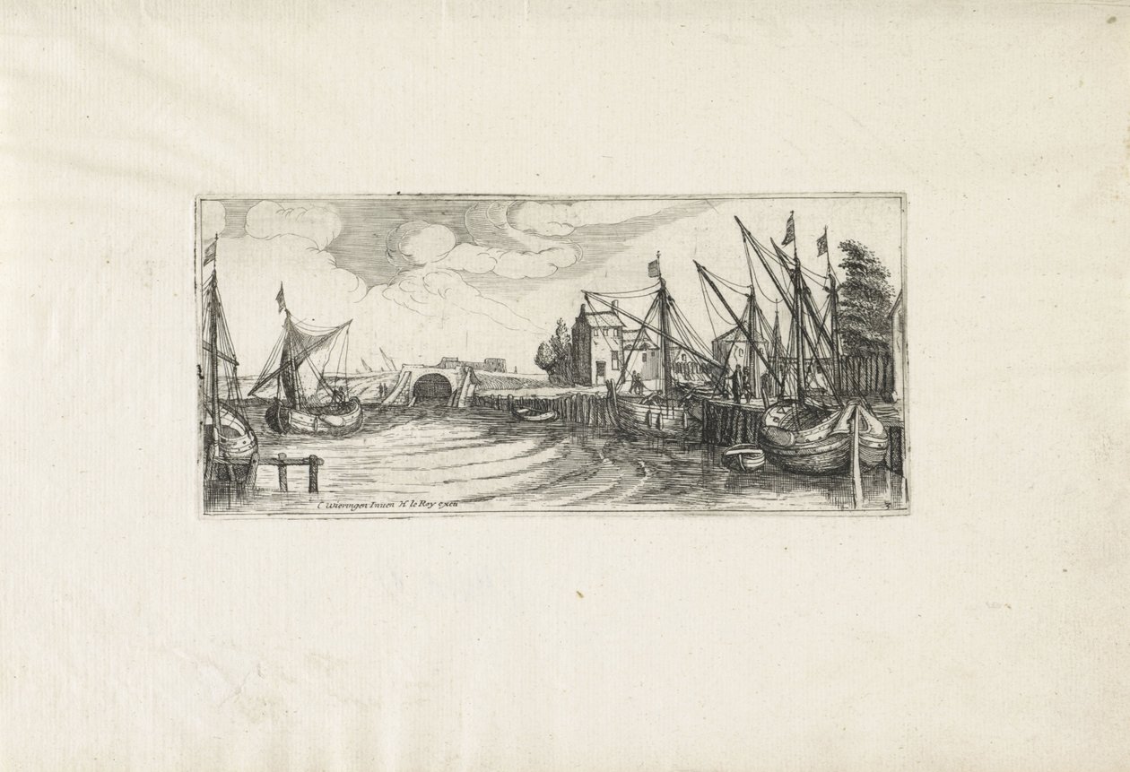 Utsikt over en havn med sluse Landskap (serietittel) av Cornelis Claesz van Wieringen (possibly)