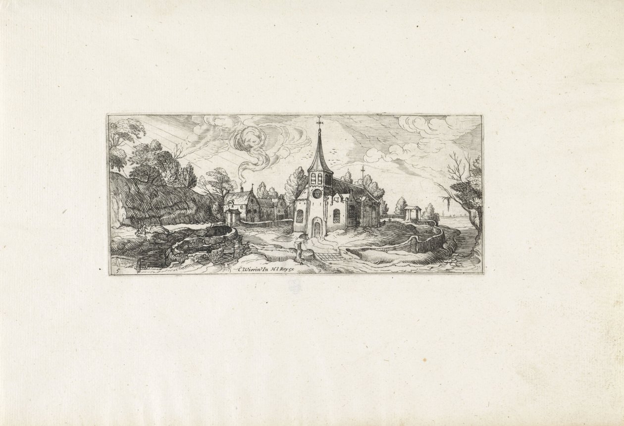 Landskap med utsikt over en kirke i en landsby Landskap (serietittel) av Cornelis Claesz van Wieringen (possibly)