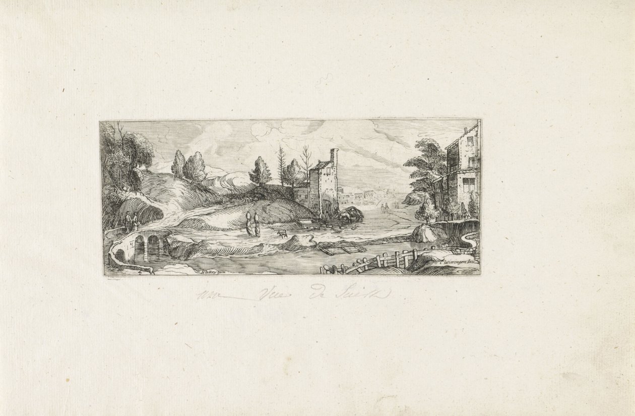 Elvelandskap med to kvinner på en bro Landskap (serietittel) av Cornelis Claesz van Wieringen (possibly)