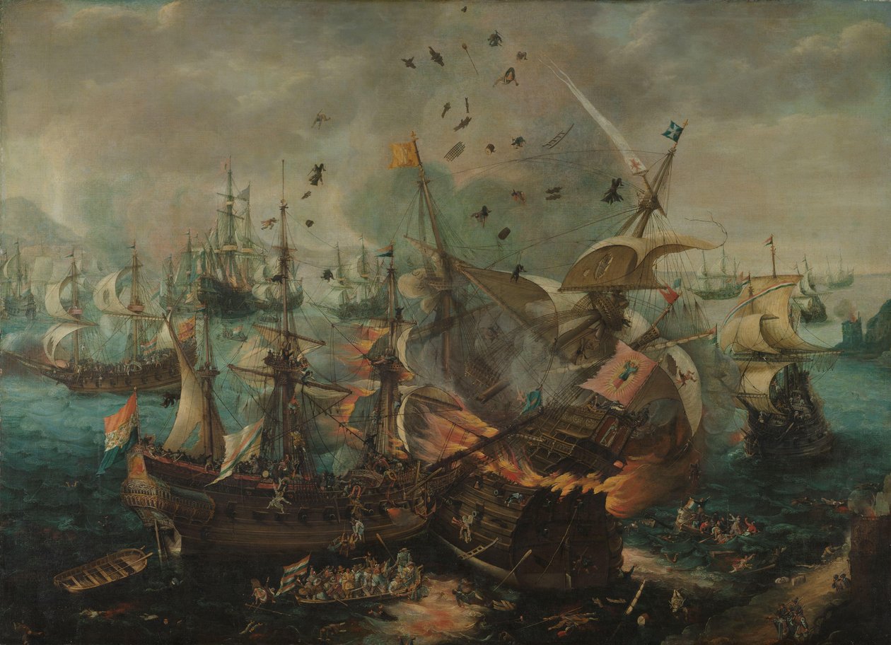 Slaget ved Gibraltar i 1607 Eksplosjonen av det spanske flaggskipet under slaget ved Gibraltar, 25. april 1607 av Cornelis Claesz  van Wieringen