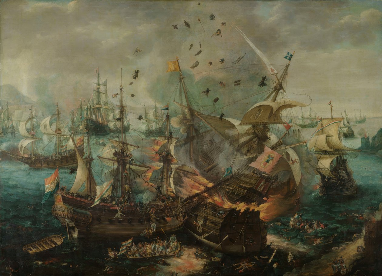 Eksplosjonen av det spanske admiralskipet (...) av Cornelis Claesz  van Wieringen