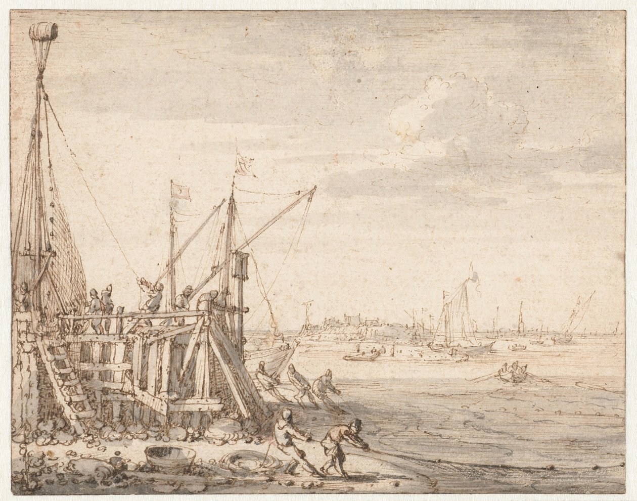 Havnehode med fiskere som drar inn garnene sine av Cornelis Claesz  van Wieringen