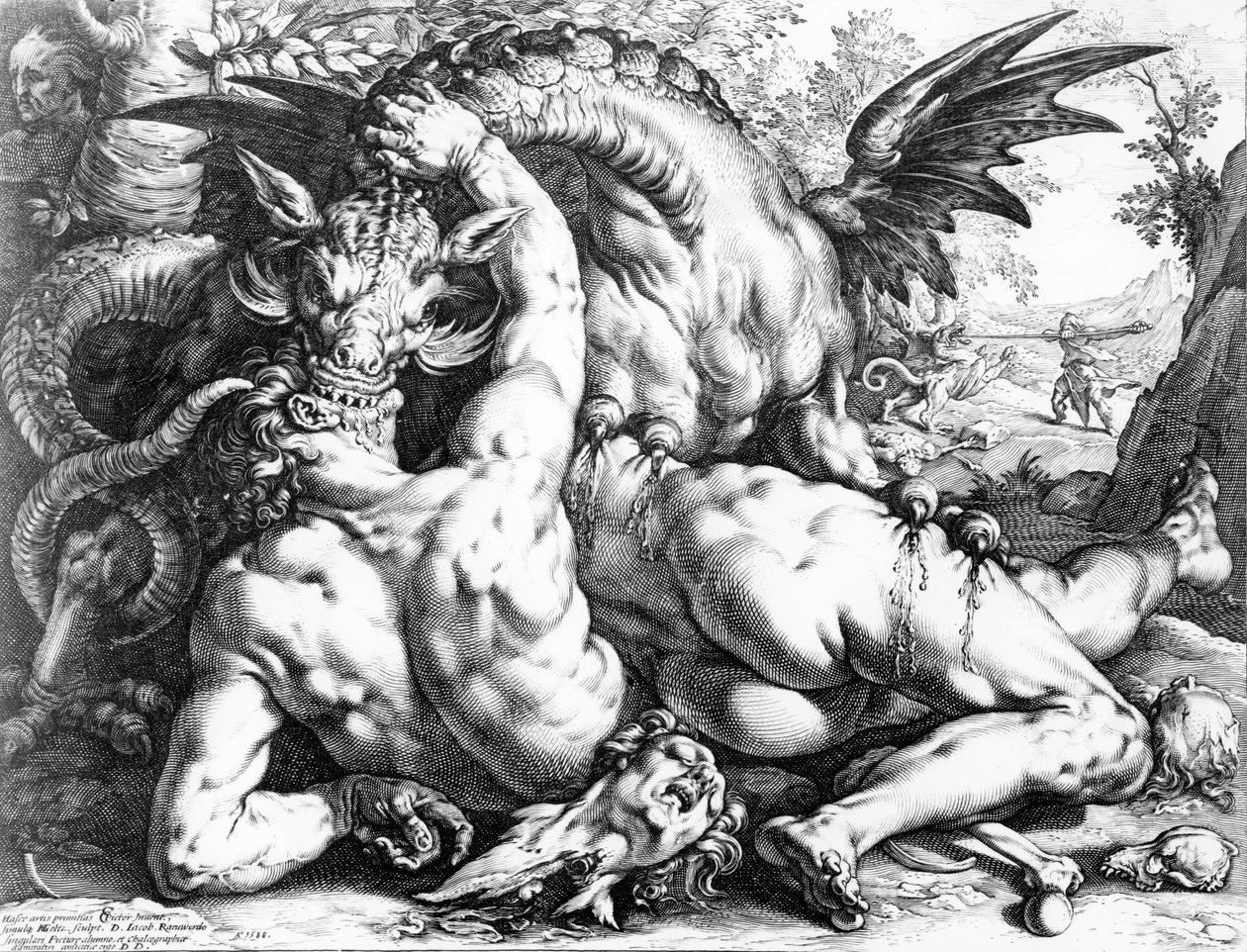 Drage som sluker følgesvennene til Cadmus, gravert av Hendrik Goltzius, 1588 av Cornelis Cornelisz van Haarlem