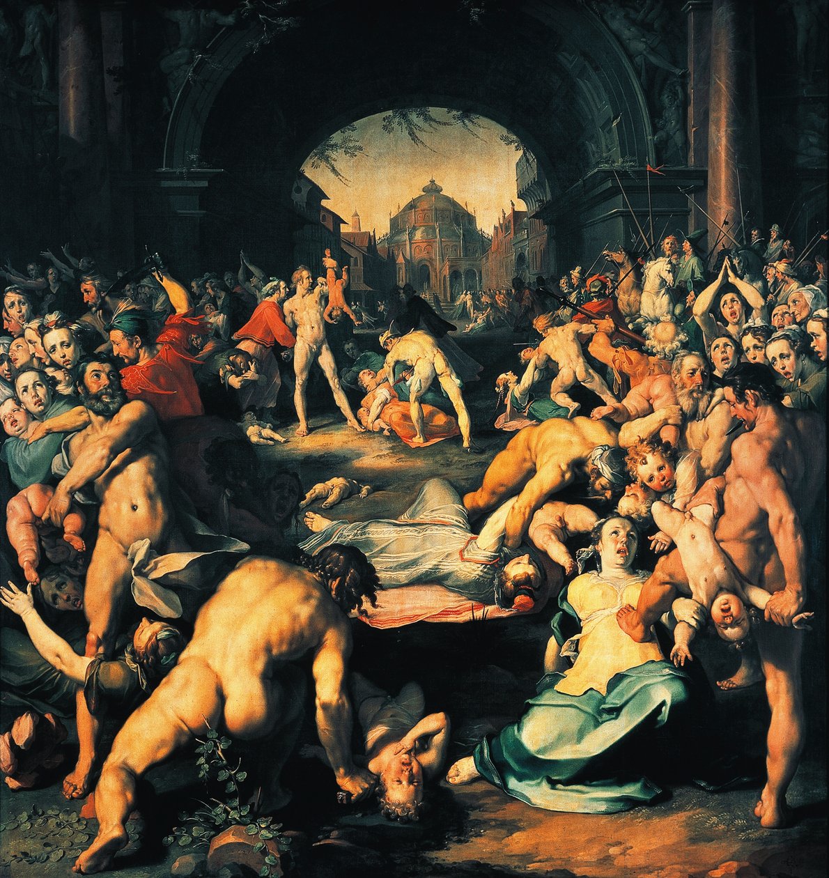 Massakre av uskyldige, sentralt panel av triptyk, av Cornelis Cornelisz van Haarlem (1562-1638) av Cornelis Cornelisz. van Haarlem