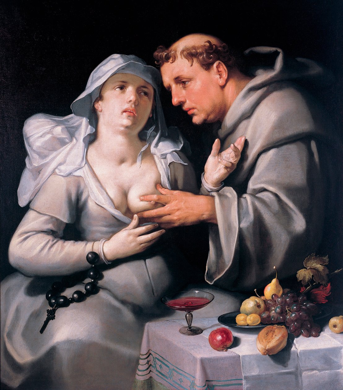 ""En munk og en nonne" (En munk og en nonne) Munken stryker nonnen over brystet - Maleri av Cornelis Cornelisz van Haarlem (1562-1638) av Cornelis Cornelisz. van Haarlem