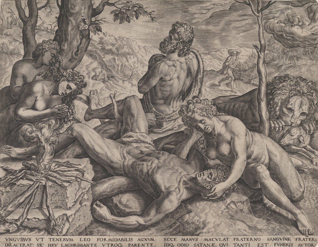 Adam og Eva klager over Abels død, 1564. av Cornelis Cort