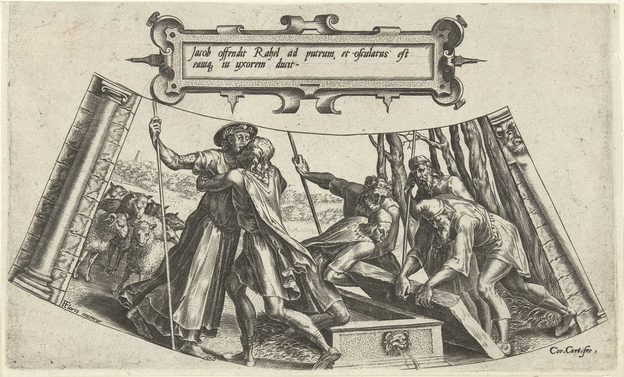 Møtet mellom Jakob og Rakel ved brønnen The History of Jacob (serietittel) av Cornelis Cort
