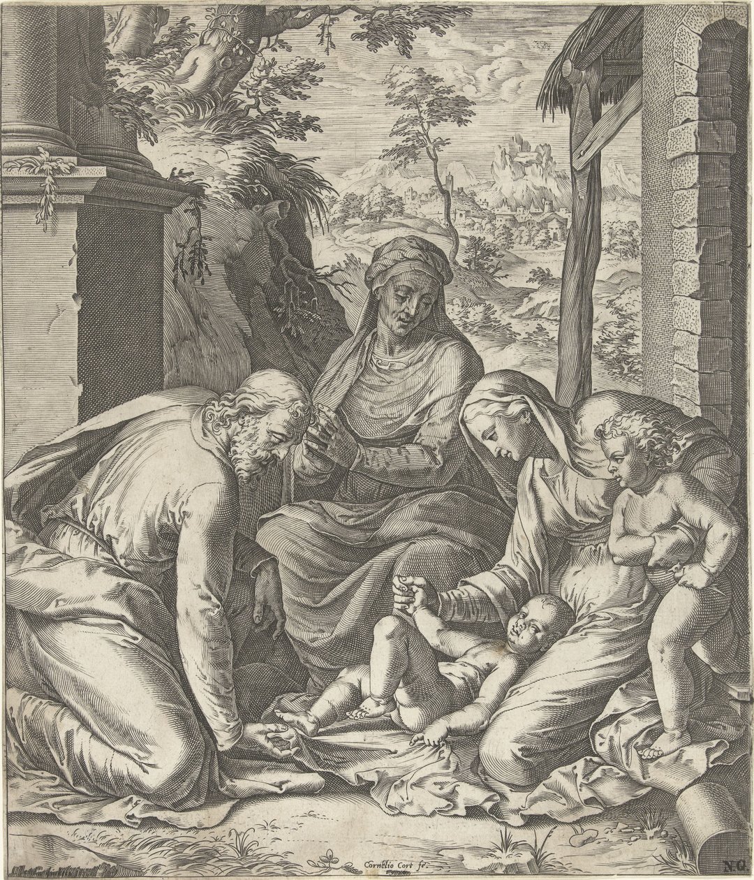 Hellig familie med Anna og døperen Johannes som barn av Cornelis Cort