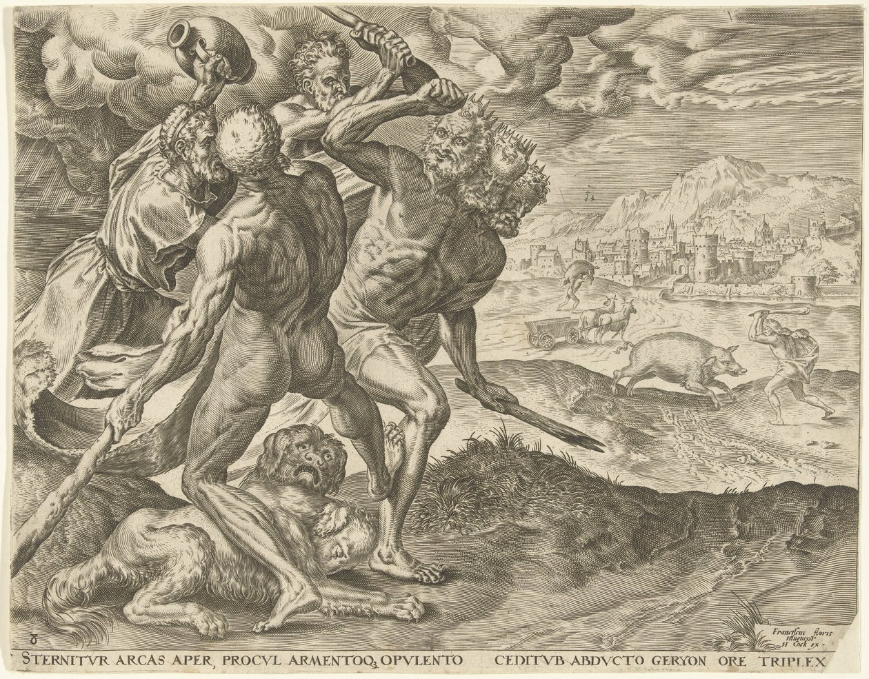 Hercules dreper Geryon og hunden hans Labours of Hercules (serietittel) av Cornelis Cort
