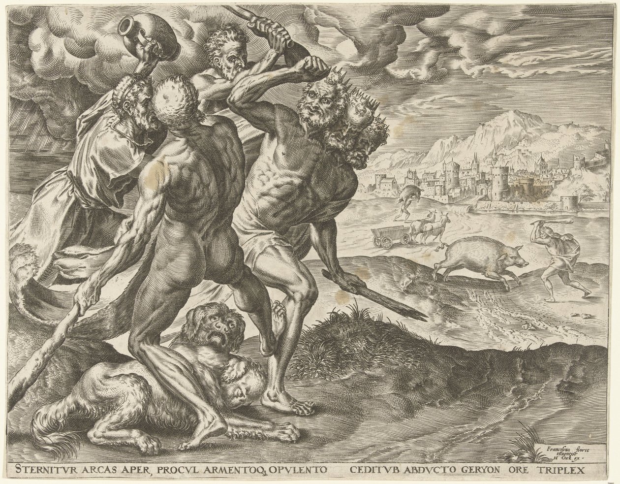 Hercules dreper Geryon og hunden hans Labours of Hercules (serietittel) av Cornelis Cort