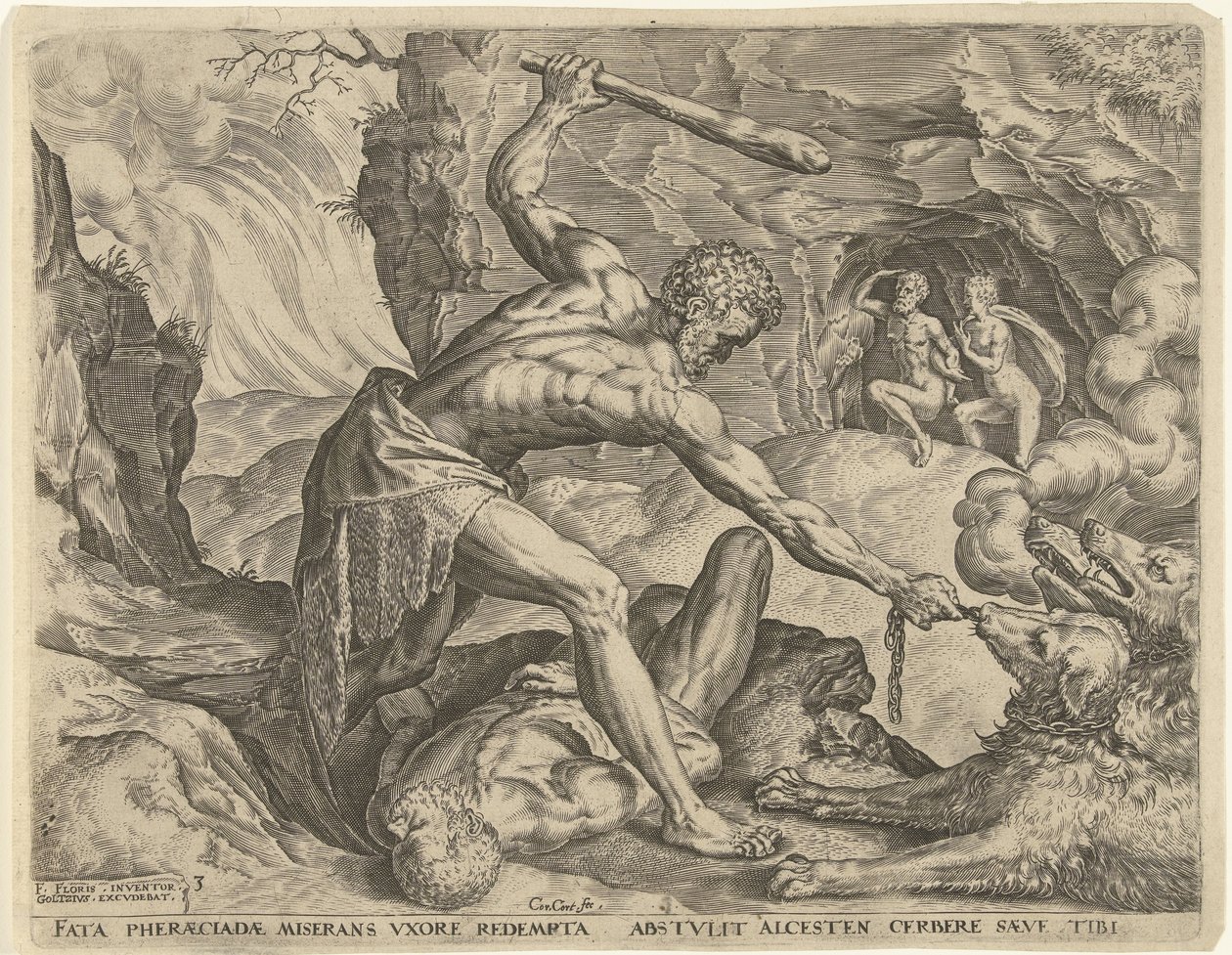 Hercules Drags Cerberus Out of Hell Labours of Hercules (serietittel) av Cornelis Cort