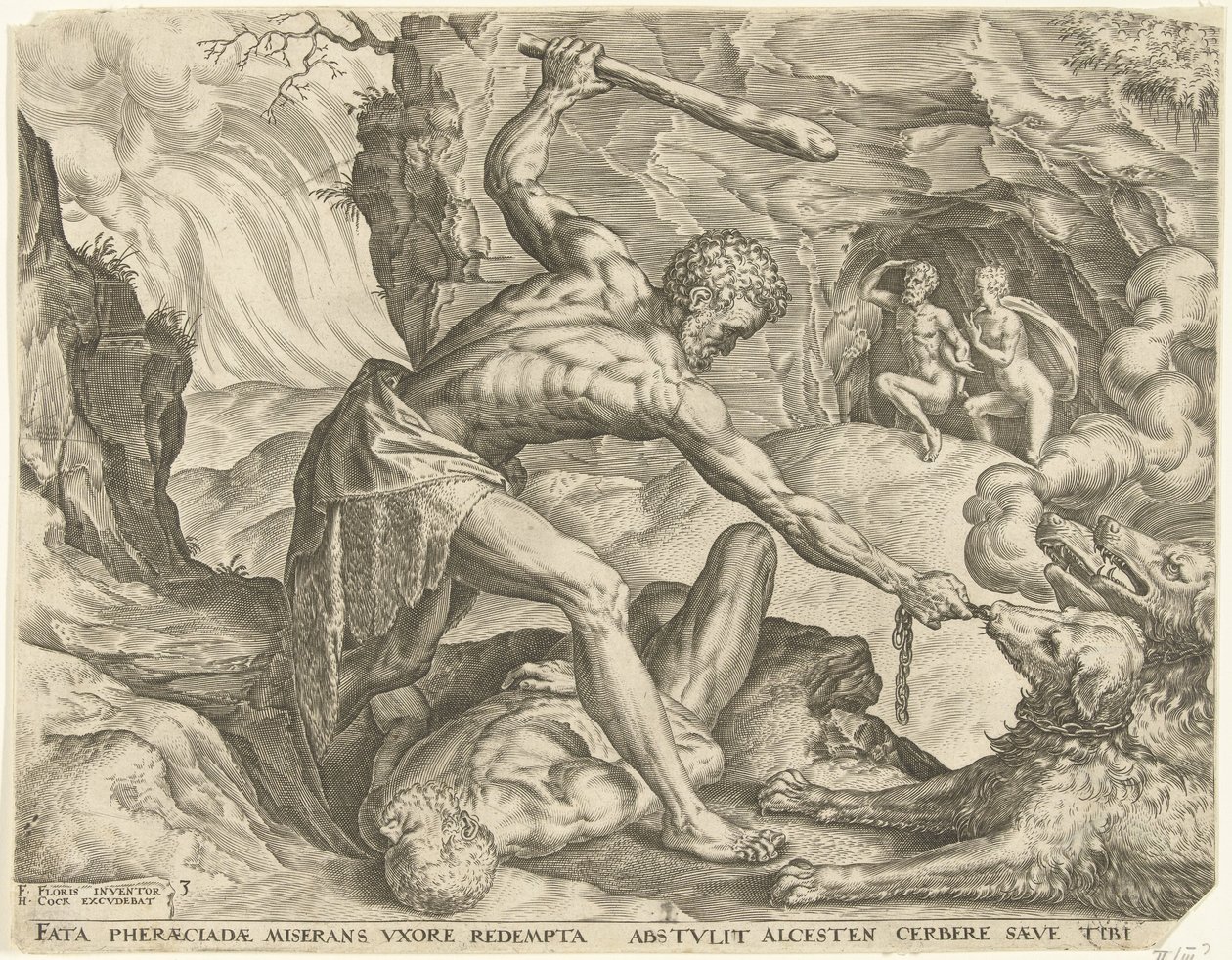 Herkules drar Cerberus ut av helvete Labours of Hercules (serietittel) av Cornelis Cort