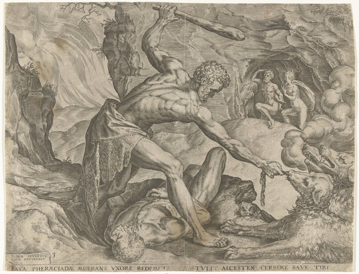 Herkules drar Cerberus ut av helvete Labours of Hercules (serietittel) av Cornelis Cort