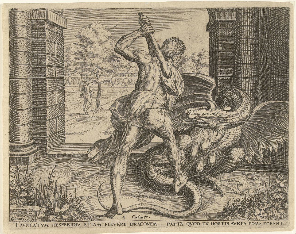Herkules stjeler de gylne eplene til Hesperidene Labours of Hercules (serietittel) av Cornelis Cort