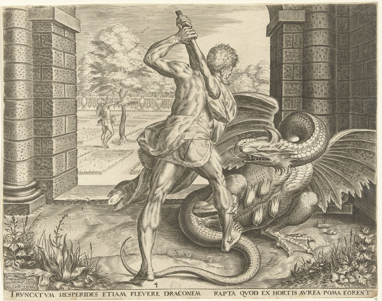 Herkules stjeler de gylne eplene til Hesperidene Labours of Hercules (serietittel) av Cornelis Cort