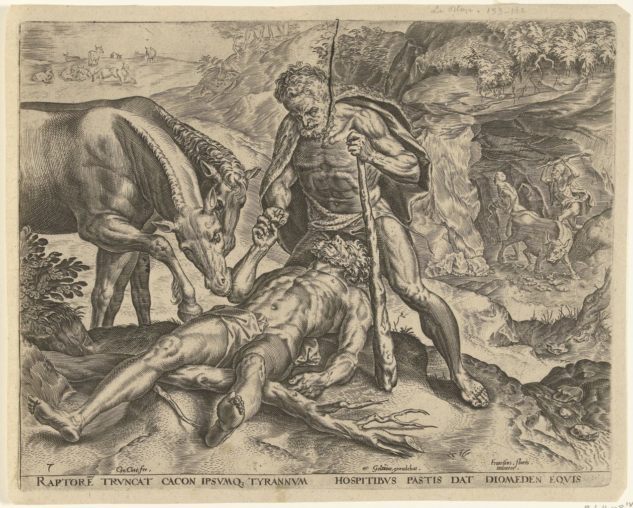 Hercules mater Diomedes til hestene sine Labours of Hercules (serietittel) av Cornelis Cort