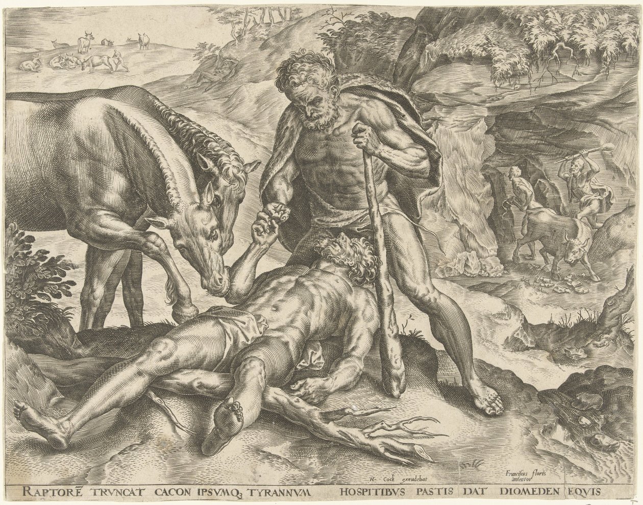 Hercules mater Diomedes til hestene sine Labours of Hercules (serietittel) av Cornelis Cort