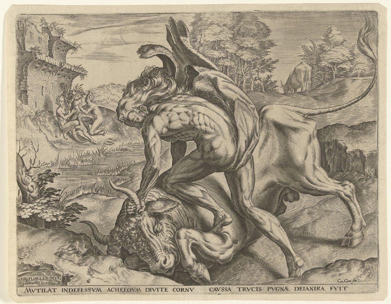Hercules Wrestling with Acheloüs Labours of Hercules (serietittel) av Cornelis Cort