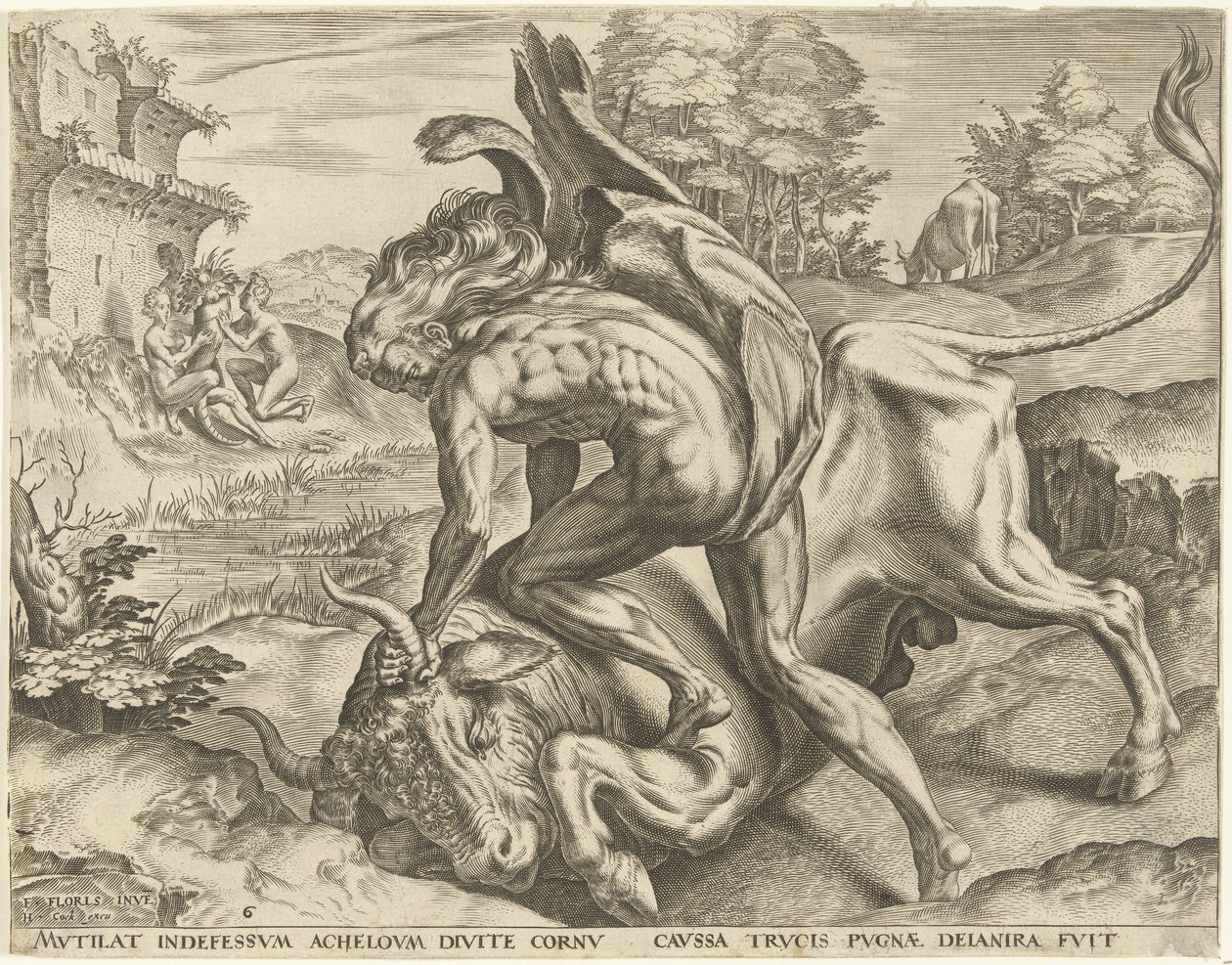 Hercules bryter med Achelous Labours of Hercules (serietittel) av Cornelis Cort
