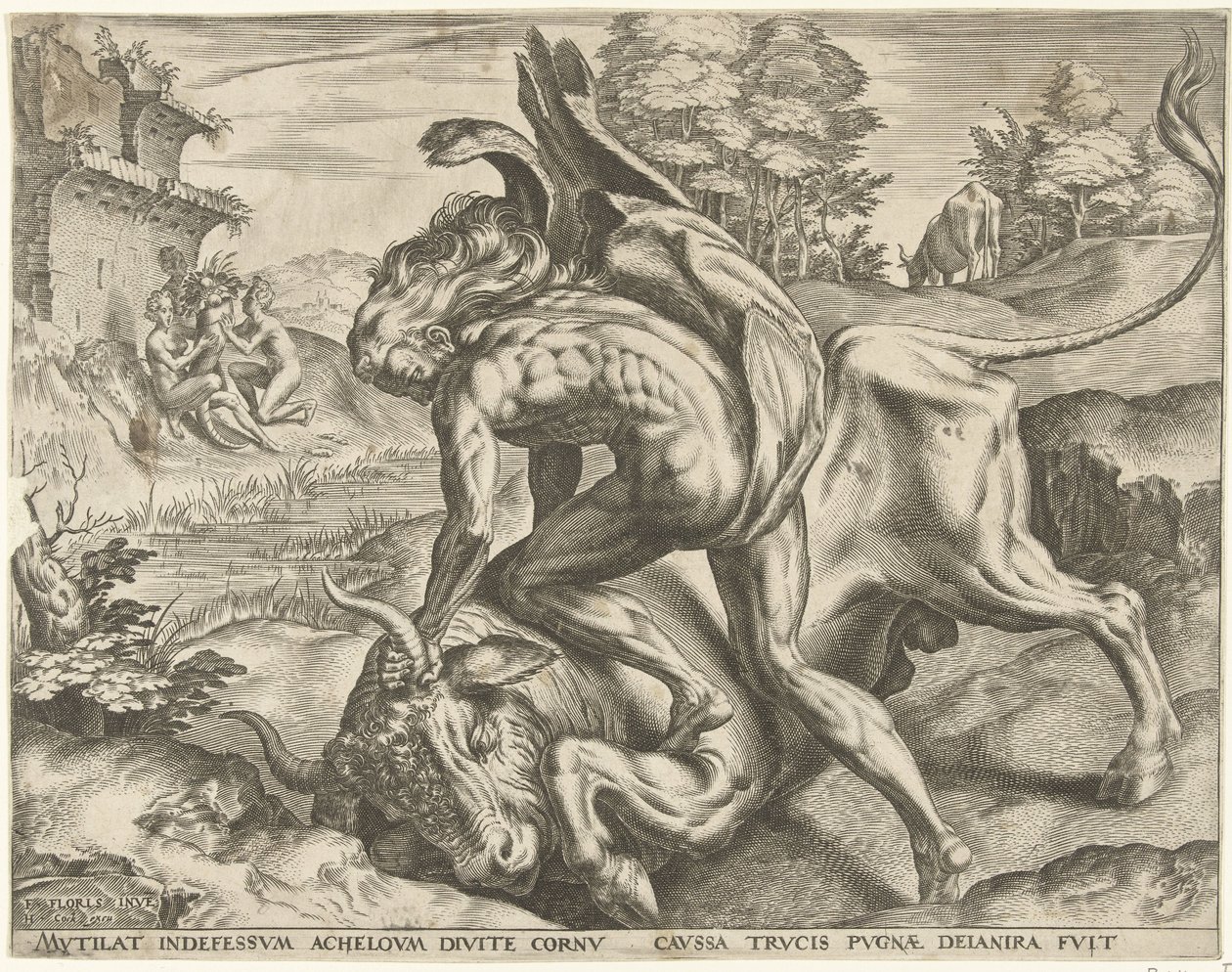 Hercules bryter med Achelous Labours of Hercules (serietittel) av Cornelis Cort
