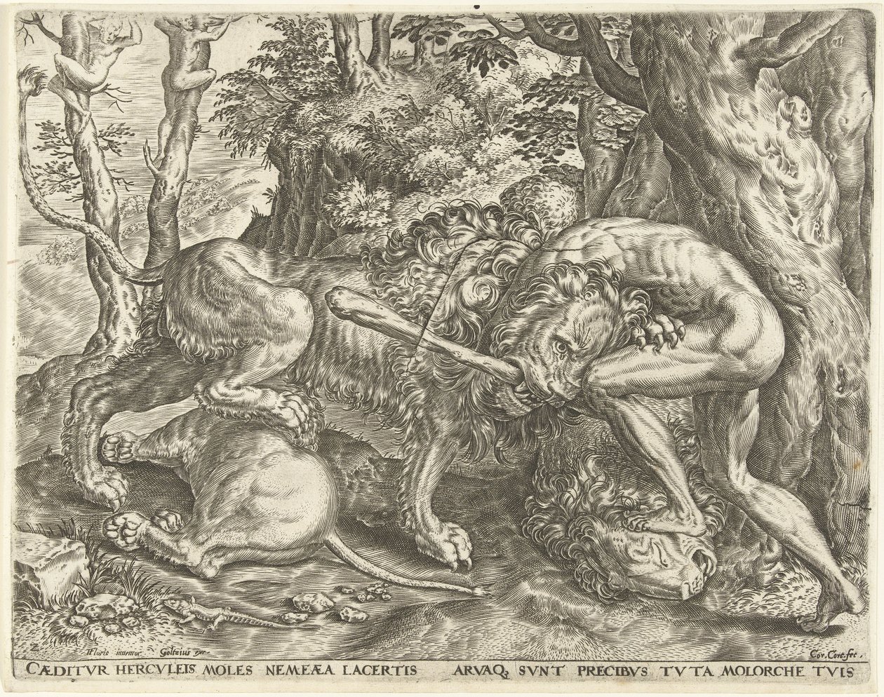 Hercules kveler Nemean-løven Labours of Hercules (serietittel) av Cornelis Cort