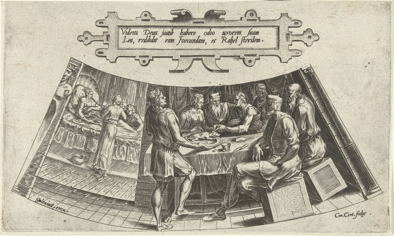 Ekteskapet til Jakob og Lea og fødselen av deres første barn The History of Jacob (serietittel) av Cornelis Cort