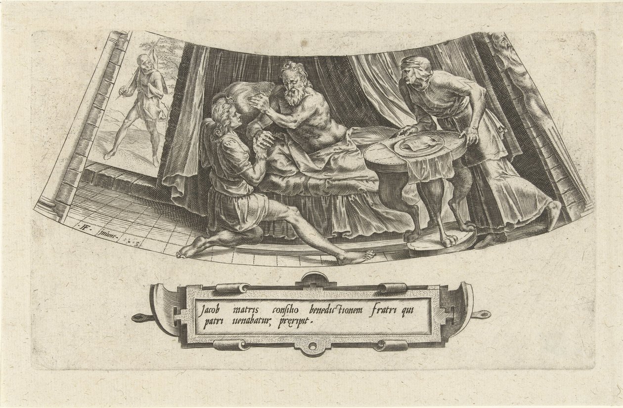 Jakob mottar farsvelsignelsen fra Isak The History of Jacob (serietittel) av Cornelis Cort
