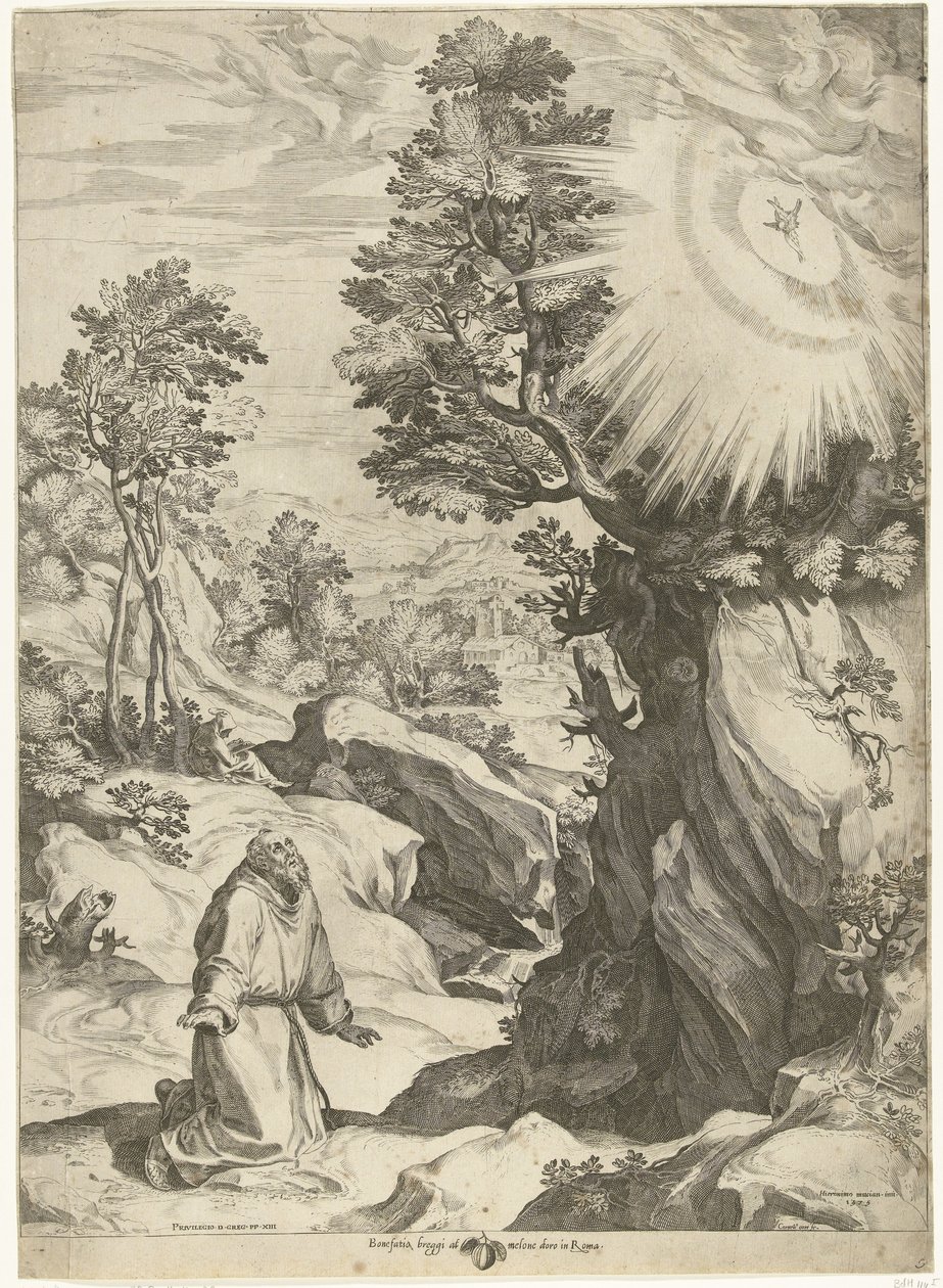 Landskap med visjonen til Saint Francis of Assisi av Cornelis Cort