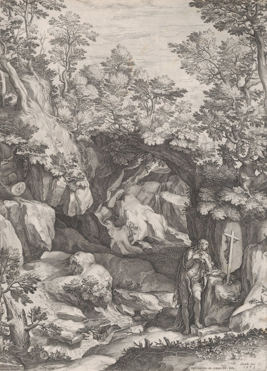 Mary Magdalen angrende i villmarken, 1573. av Cornelis Cort