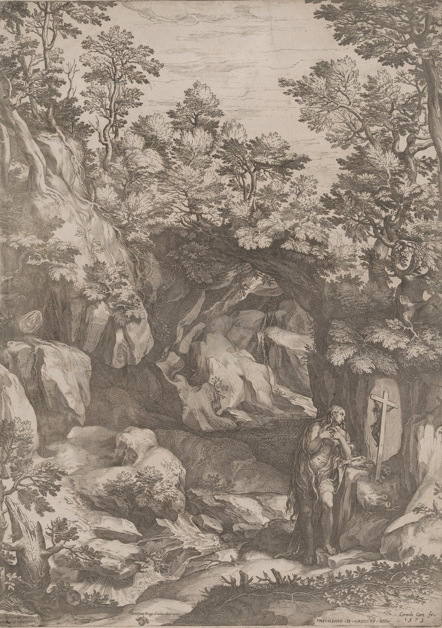 Mary Magdalen angrende i villmarken, 1573. av Cornelis Cort