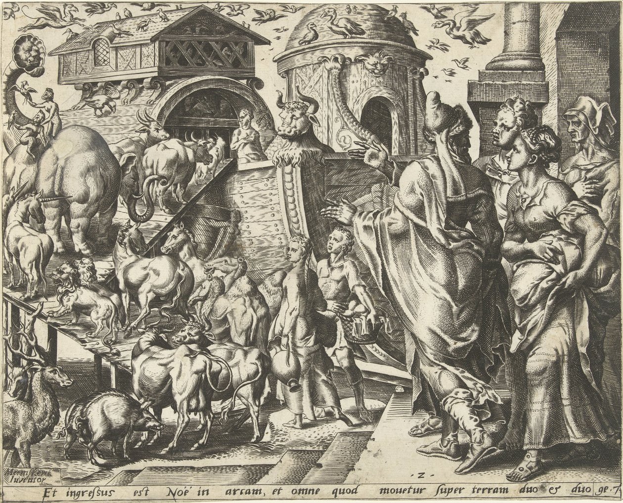 Noah går ombord i arken med familien sin og dyrene The History of Noah (serietittel) av Cornelis Cort