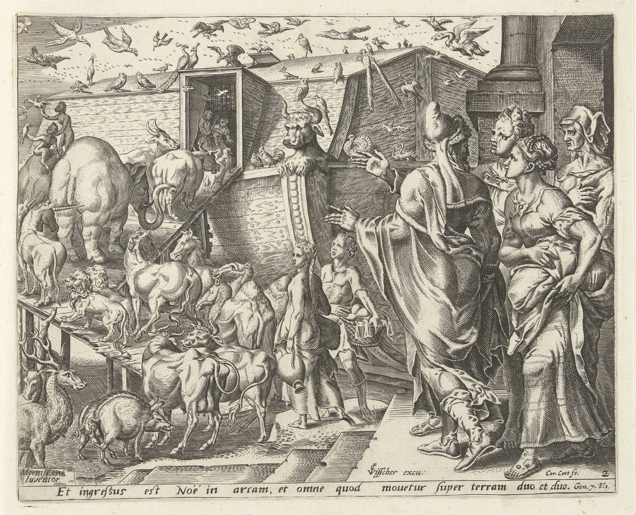Noah går ombord i arken med familien sin og dyrene History of Noah (serietittel) av Cornelis Cort