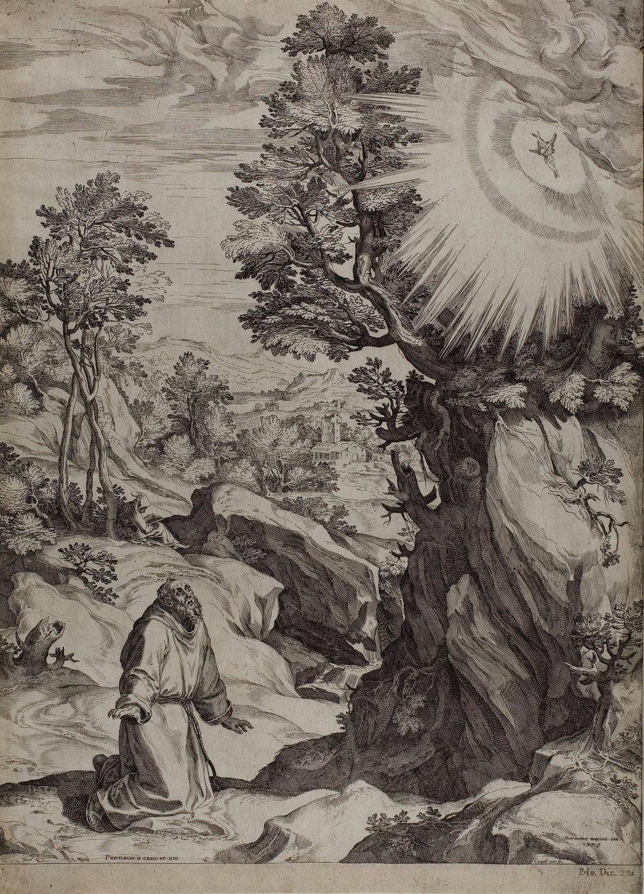 Saint Francis Penitent i et stort landskap av Cornelis Cort
