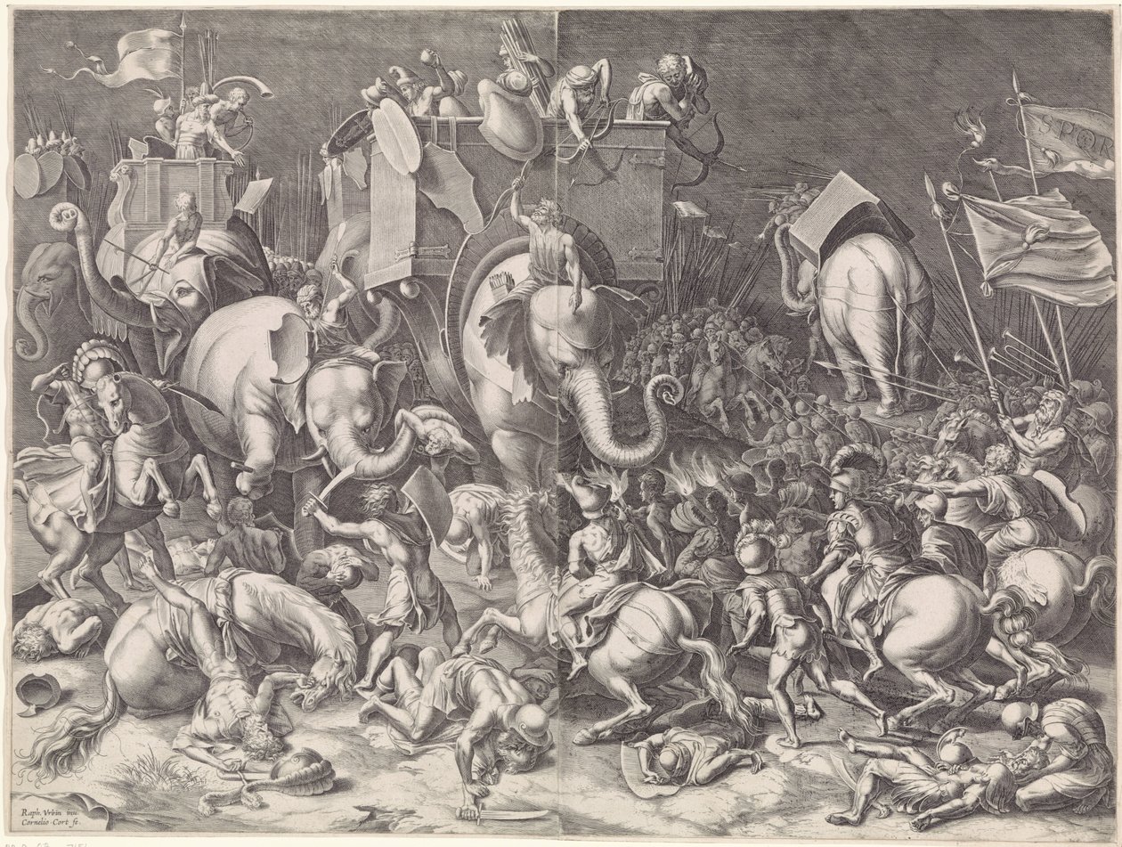 Slaget ved Zama mellom Scipio og Hannibal, om natten av Cornelis Cort
