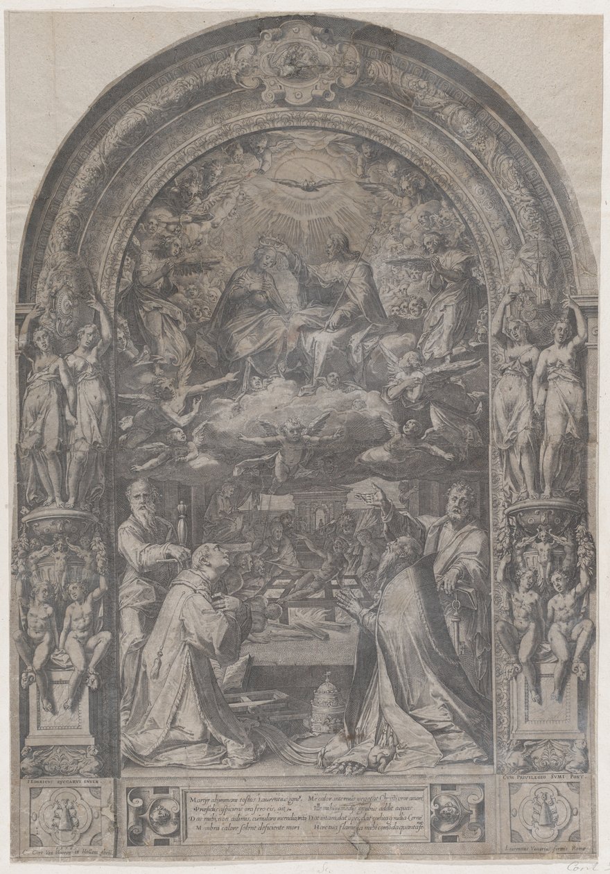 Jomfruens kroning med St. Lawrence, St. Paul, St. Peter og St. Sixtus, 1576. av Cornelis Cort