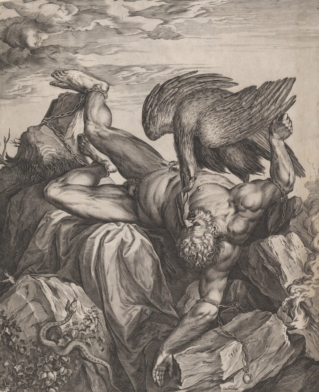 Tityus straffet i helvete, 1566. av Cornelis Cort