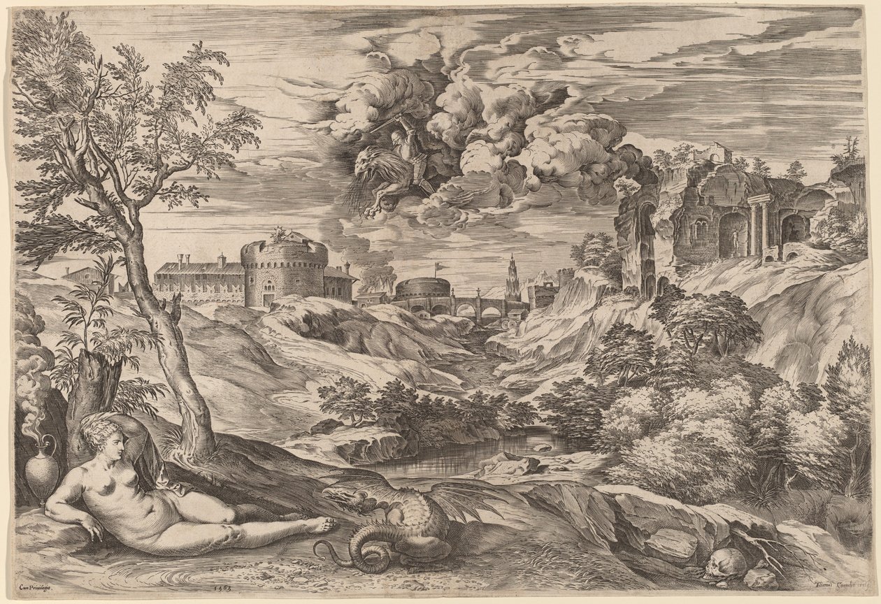Landskap med Roger Liberating Angelica av Cornelis Cort after Titian