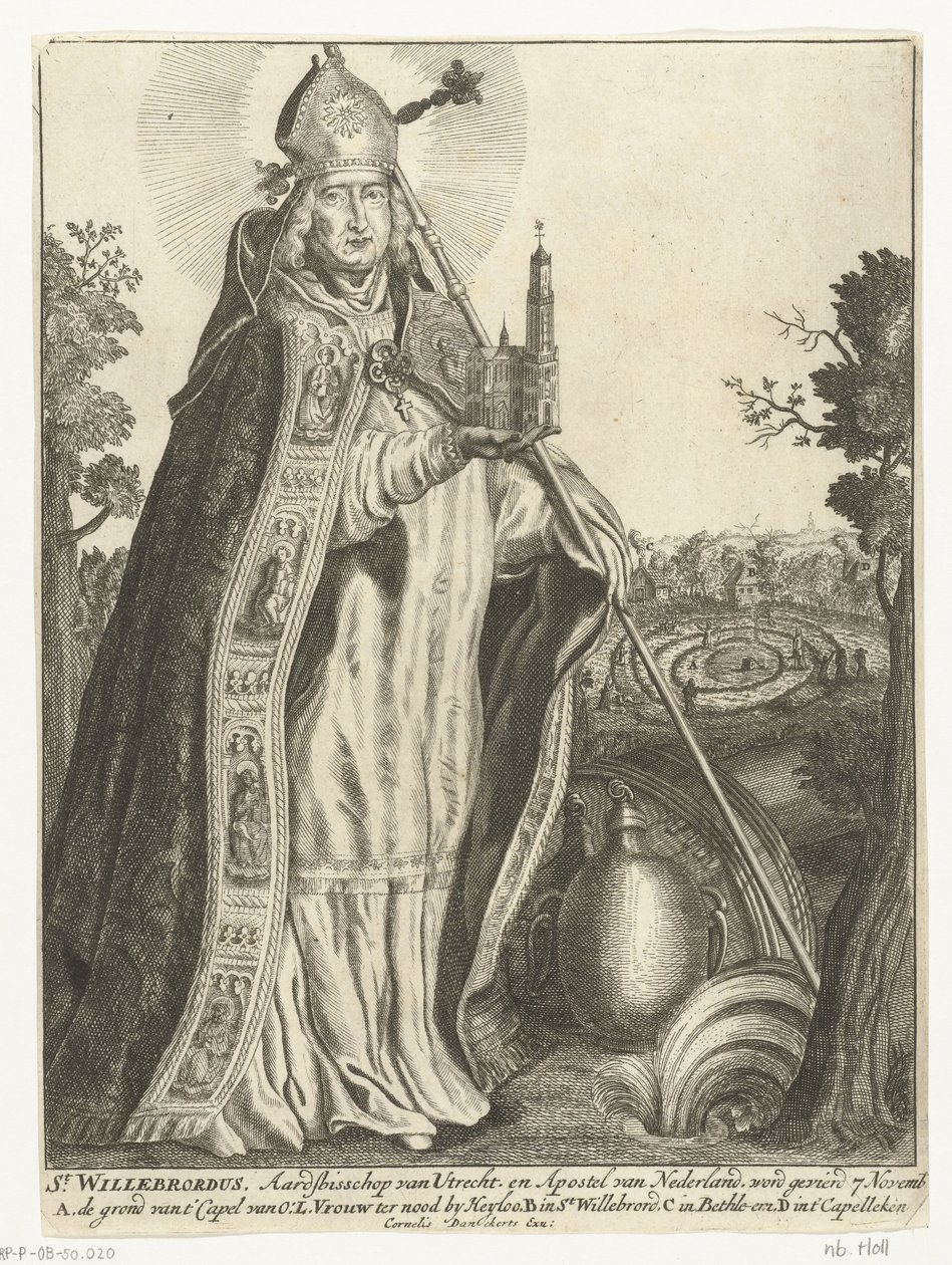 Saint Willibrord som erkebiskop med kirkemodell av Dom i Utrecht St. Willebrord (tittel på objekt) av Cornelis Danckerts (I)