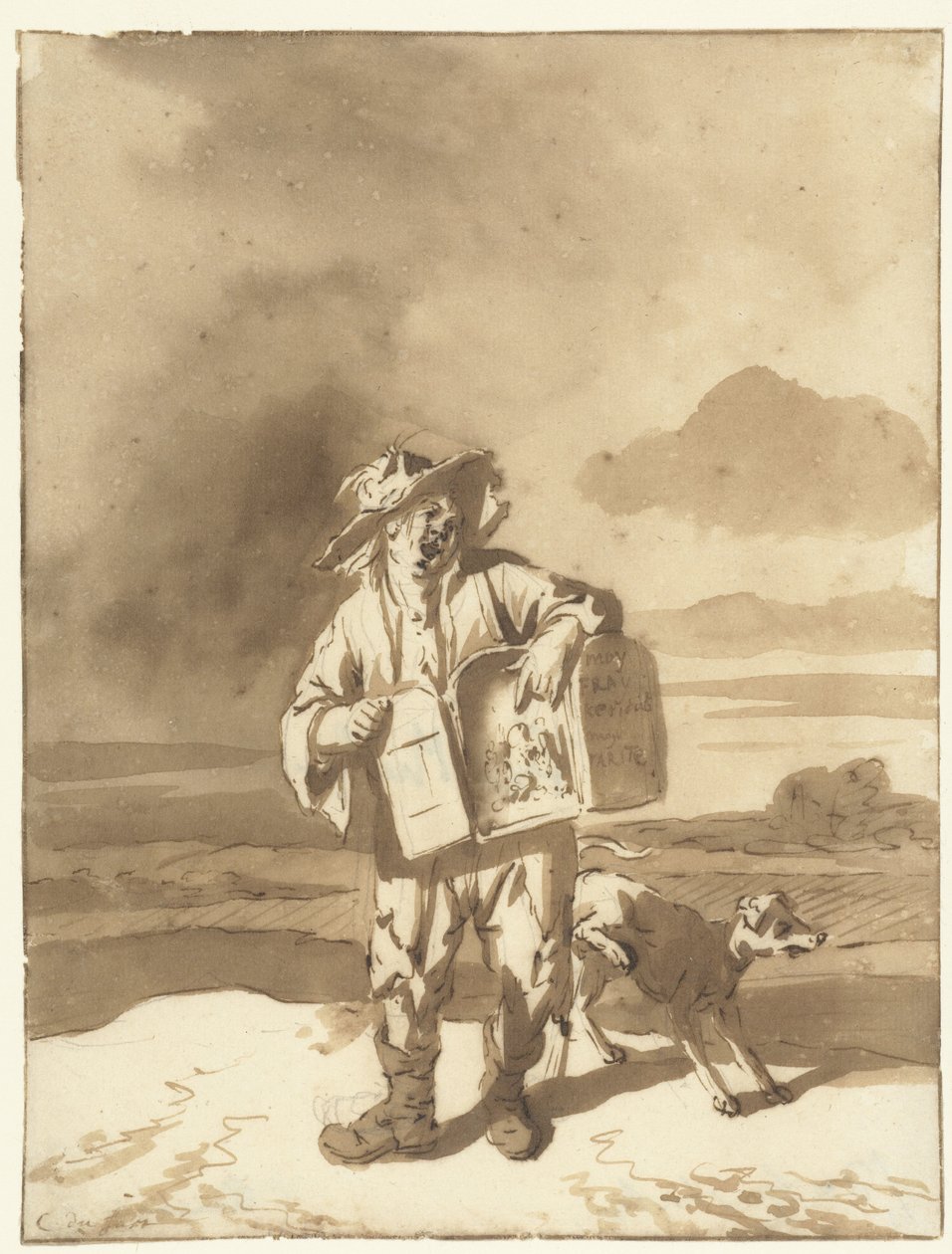 En ung mann med et kikkshow og en hund Gutt med visningsboks og hund, ca. 1700 av Cornelis Dusart
