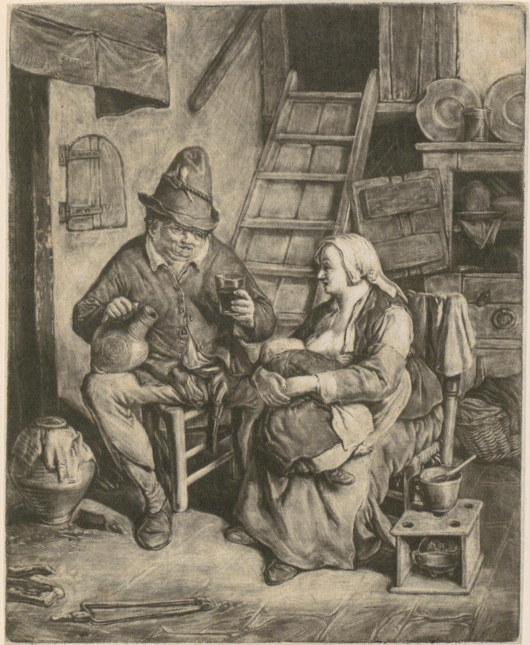 Bonde i et landhus, ved siden av ham en ammende kvinne av Cornelis Dusart