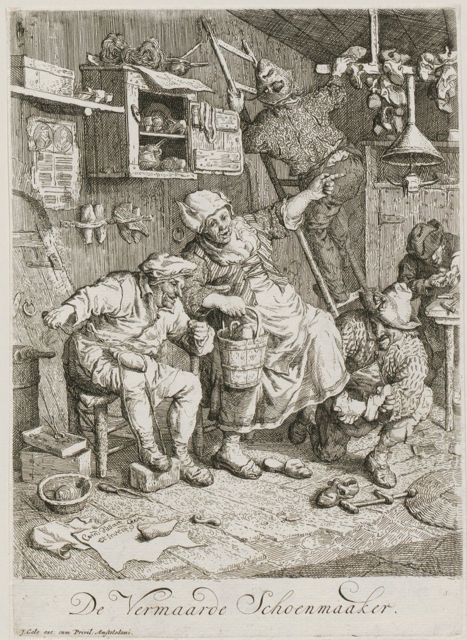 Berømt skomaker, blad 3 i en serie på tre genrescener av Cornelis Dusart