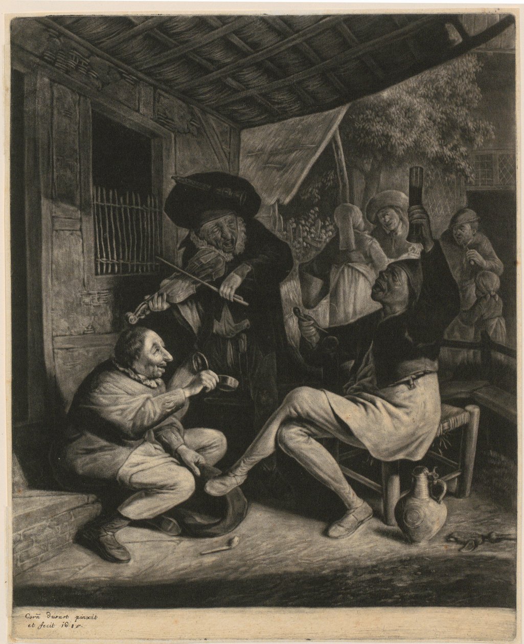 En mann tilbyr en annen tobakk av Cornelis Dusart