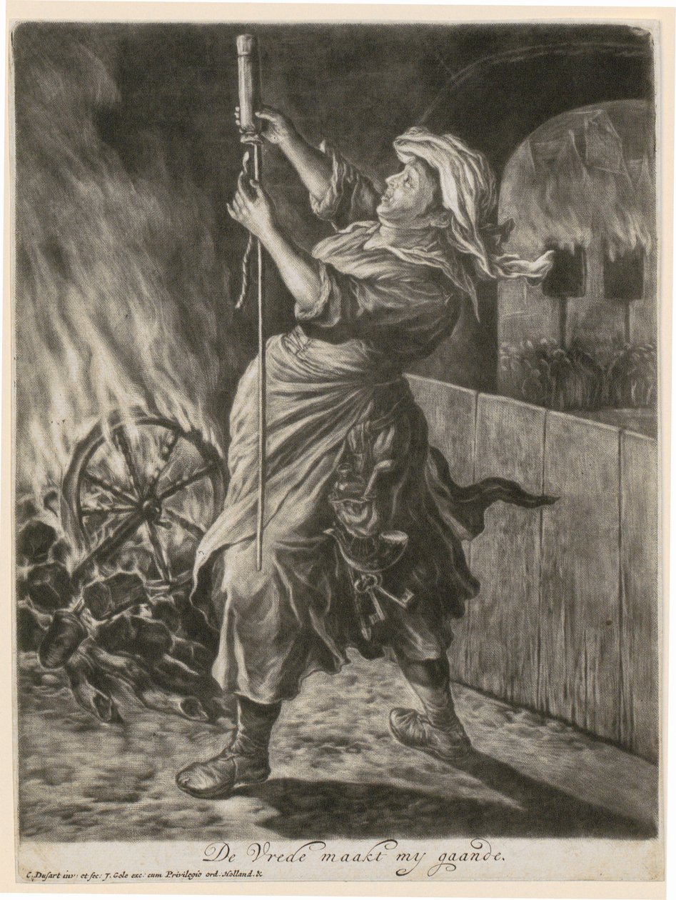 En kvinne tenner en lysrakett, blad 5 fra serien «Allmenn glede over beleiringen av Namur ved Vilhelm III, 1695» av Cornelis Dusart