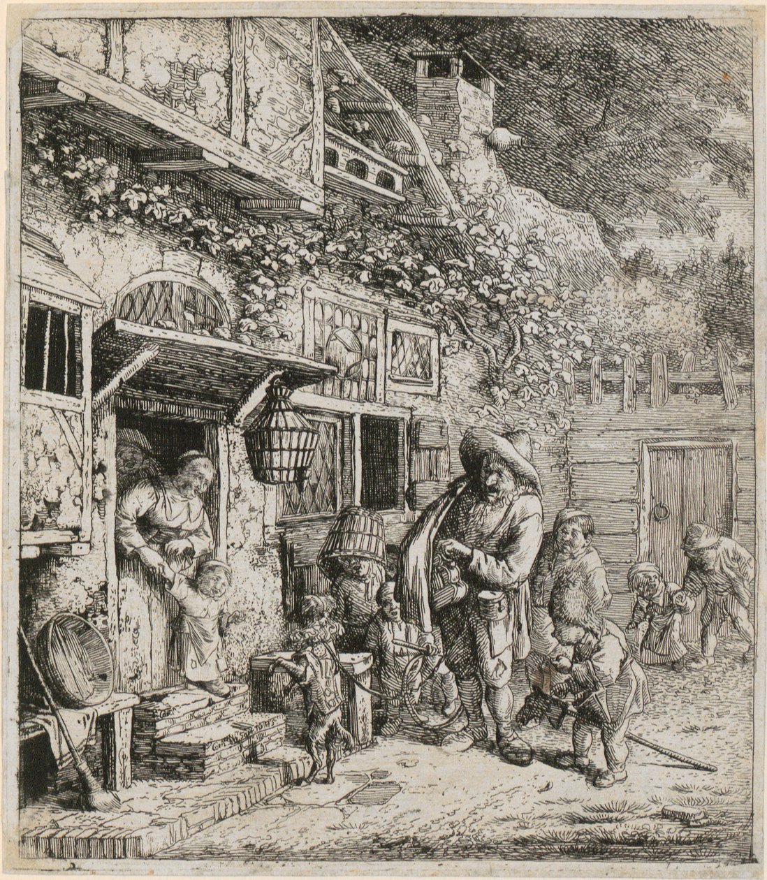 Lyraspiller med sin dansende hund av Cornelis Dusart