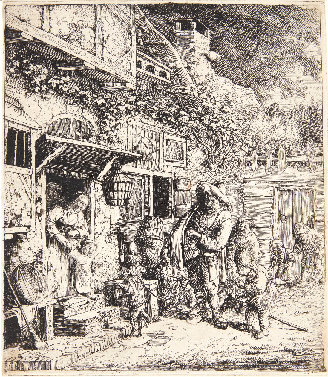 Lirekassemann med en dansende hund av Cornelis Dusart