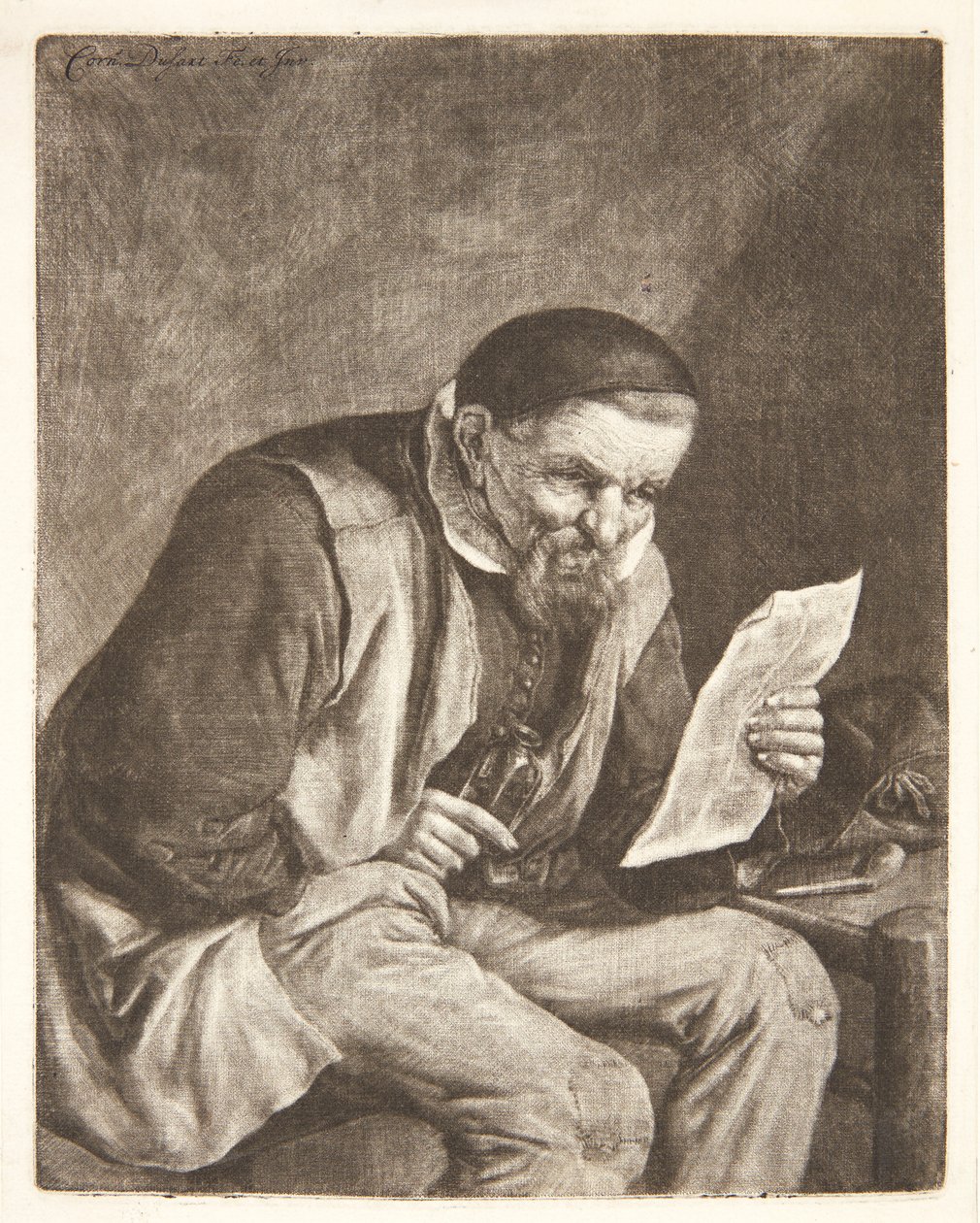Sittende bonde som leser et brev av Cornelis Dusart