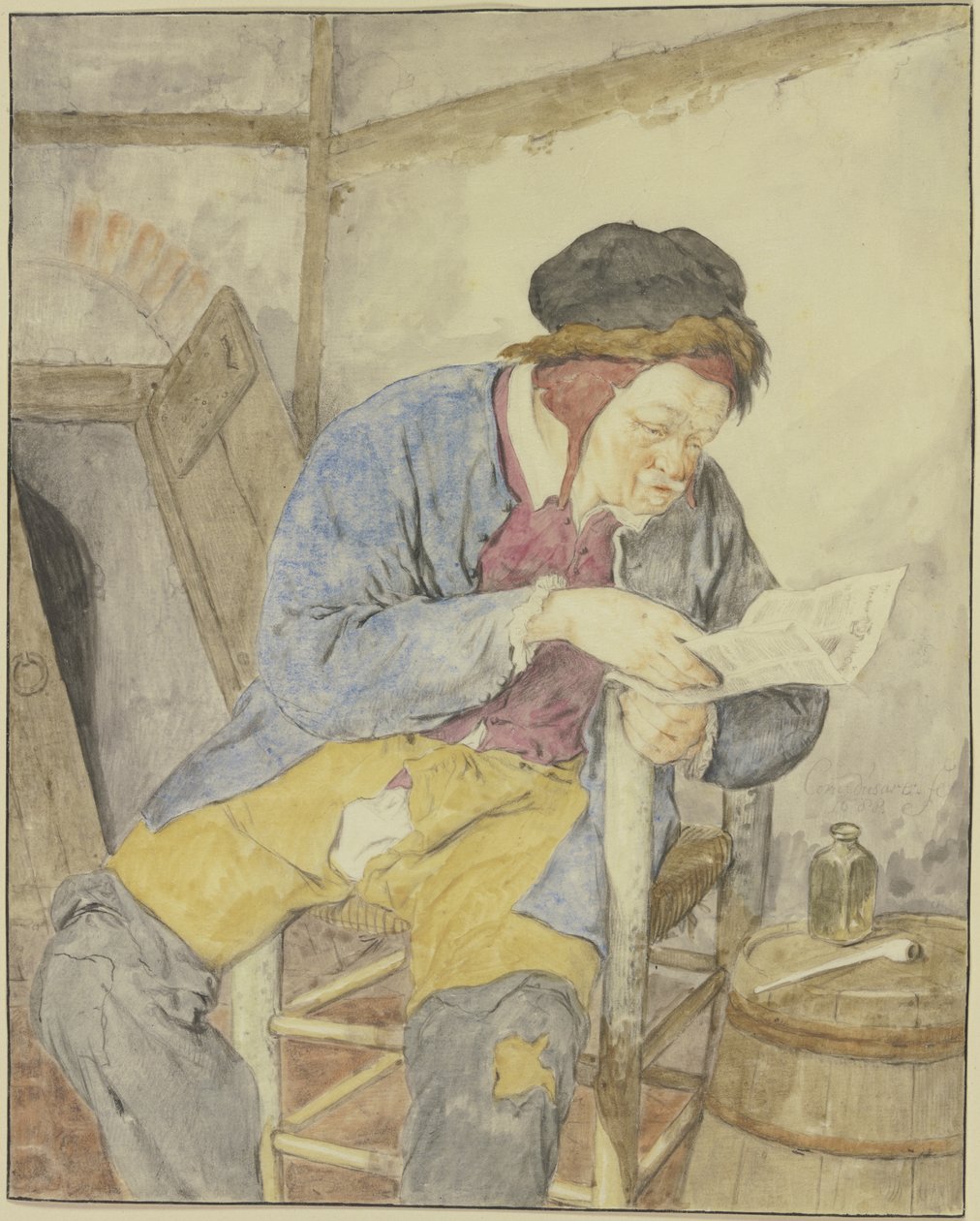 Avisleser ved en tønne av Cornelis Dusart