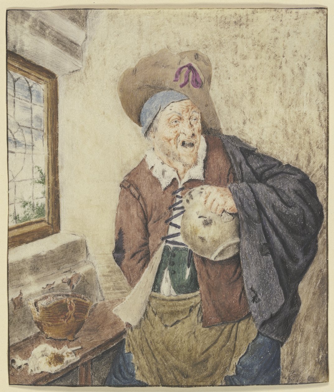 Filllete bonde ved et vindu, med en krukke i hånden av Cornelis Dusart