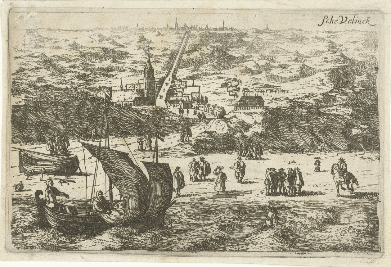 Utsikt over Scheveningen fra havet Schevelinck (tittel på objekt) av Cornelis Elandts